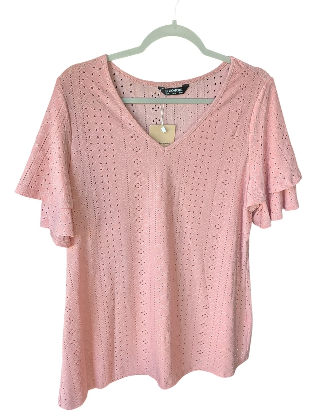 BloomChic Soft Pink Eyelet V-Neck Flutter Sleeve Top